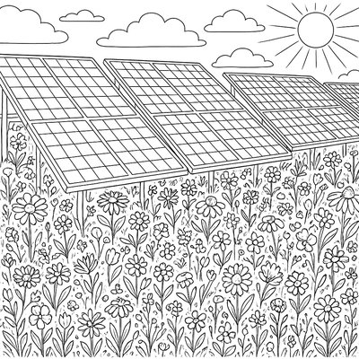 Solar Panel Field With Wildflowers Growing Between Rows