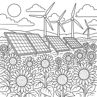 Solar Panels And Wind Turbines In A Field Of Blooming Sunflowers