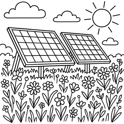 Solar Panels In A Field Of Spring Wildflowers