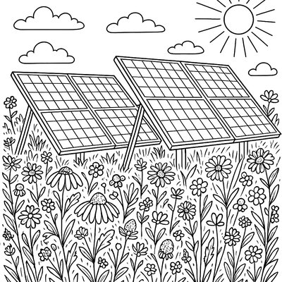 Solar Panels In A Field With Wildflowers Growing Around