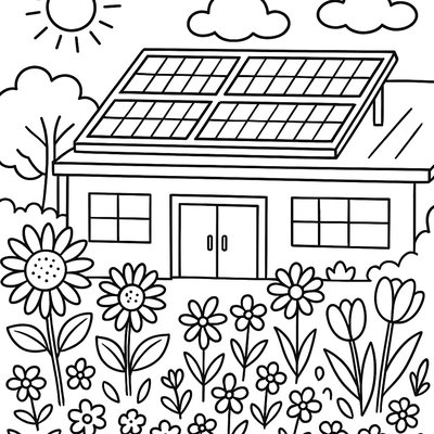 Solar Panels On A School Roof With Blooming Garden Below