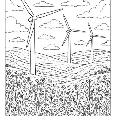 Wind Farm On Green Hills With Wildflower Meadows