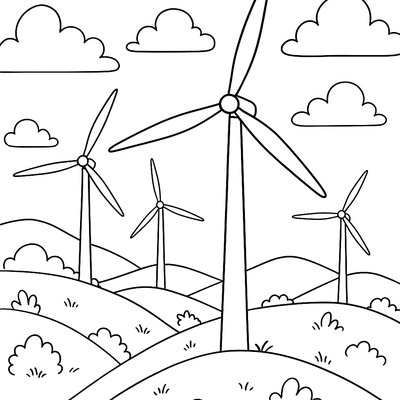 Wind Farm With Turbines On Hillside