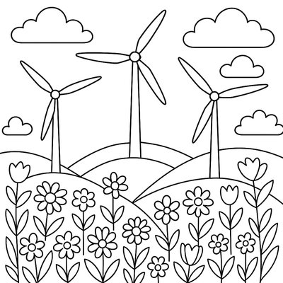 Wind Turbines On Rolling Hills With Spring Flowers