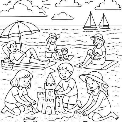 A Bustling Beach Scene With Kids Building An Intricate Sandcastle And Families Playing By The Ocean