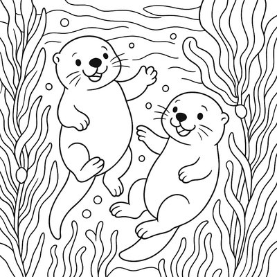Kelp Forest Swaying In Ocean Current With Sea Otters Playing