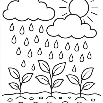 Rain Cycle With Clouds, Rain, And Growing Plants