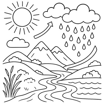 The Water Cycle With Clouds, Rain, And Rivers