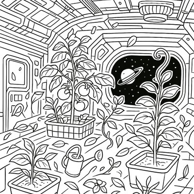 Space Station With Growing Plants In Zero Gravity Garden