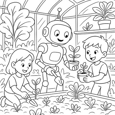 Helpful Robot Gardening With Children In Futuristic Greenhouse