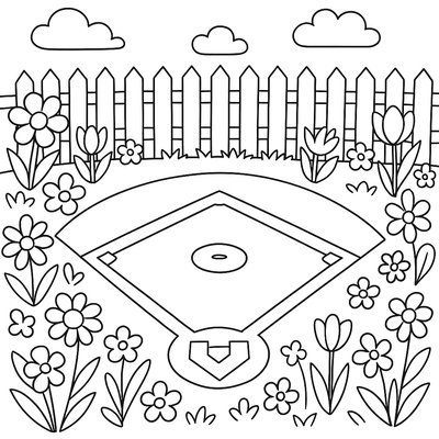 A Baseball Diamond With Spring Flowers Around The Fence