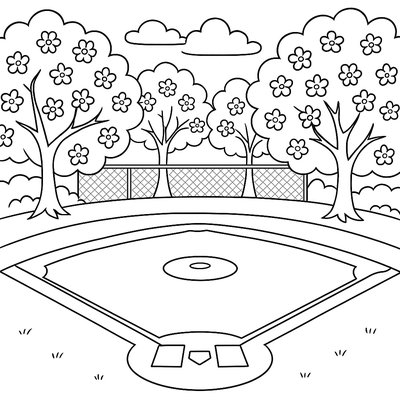 Baseball Field With Blooming Trees In Background