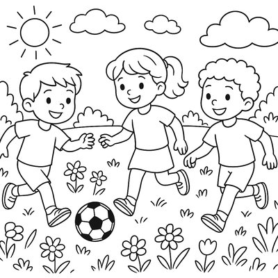 Children Playing Soccer In A Spring Meadow