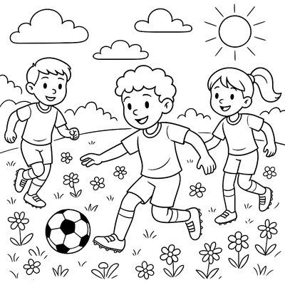 Soccer Players On A Spring Field With Flowers