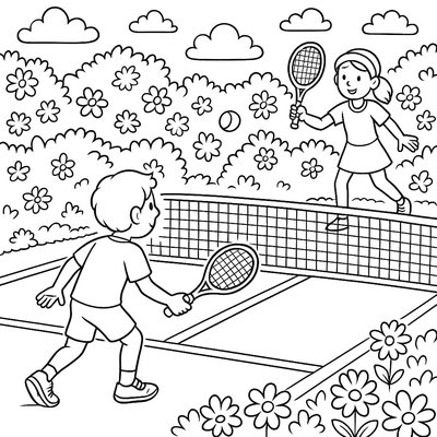 Tennis Match On Court Surrounded By Blooming Hedges