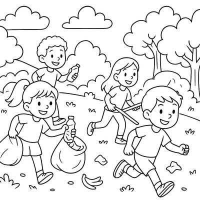 Children Participating In A Nature Cleanup Race