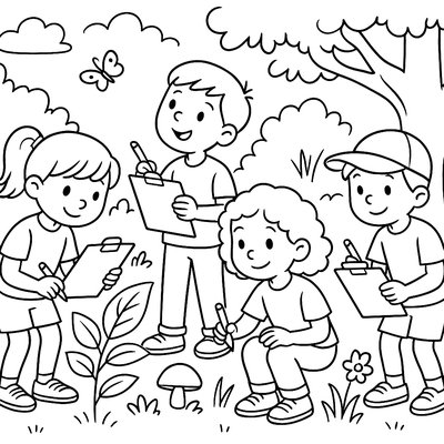 Children Participating In A Nature Scavenger Hunt With Clipboards