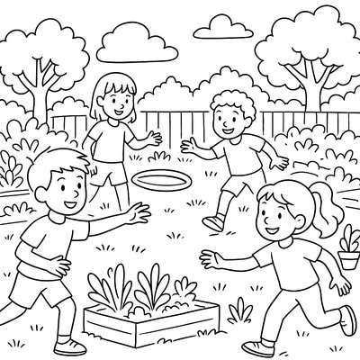 Children Playing Ultimate Frisbee In Community Garden