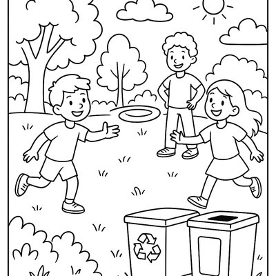 Kids Playing Frisbee In A Park With Recycling Bins Nearby