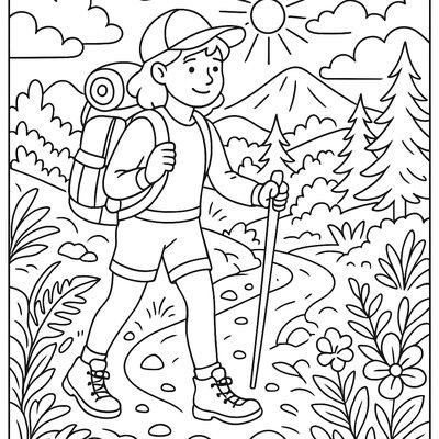 Nature Hiking With Backpack And Walking Stick