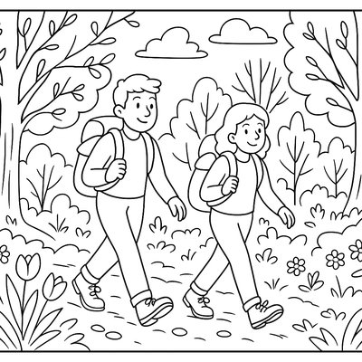 Nature Hiking With Backpacks In Spring Forest