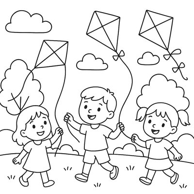 Children Flying Colorful Kites In A Park