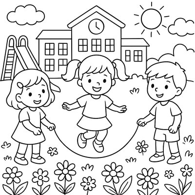 Children Jumping Rope In School Playground With Spring Flowers