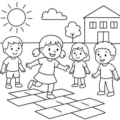 Children Playing Hopscotch On Playground With Flowers Around Edges
