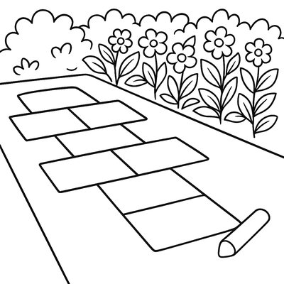 Hopscotch Court Drawn With Sidewalk Chalk Near Blooming Bushes