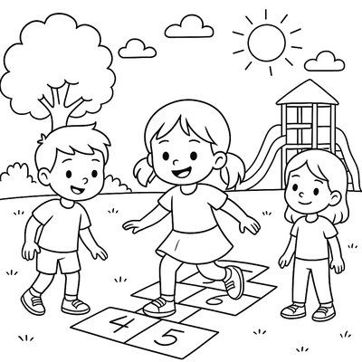 Kids Playing Hopscotch On A Sunny Playground