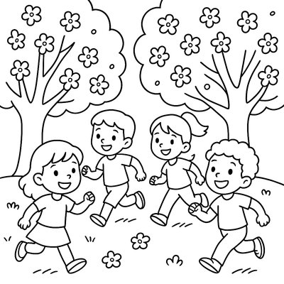 Kids Playing Tag Around Blooming Trees