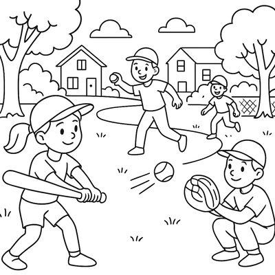 Children Playing Baseball In A Sunny Park