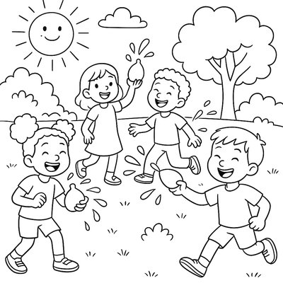 A Group Of Diverse Kids Having A Water Balloon Fight In A Sunny Park
