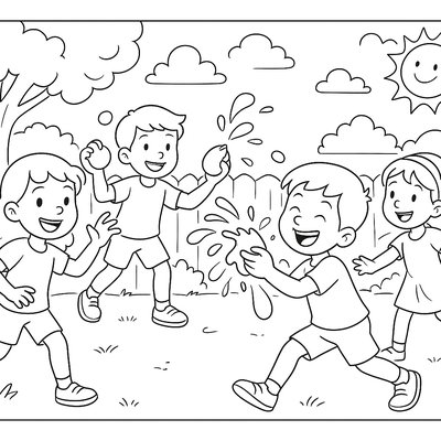 Kids Having A Water Balloon Fight In A Backyard On A Sunny Day