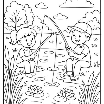 Children Fishing In Spring Pond With Cattails And Water Lilies