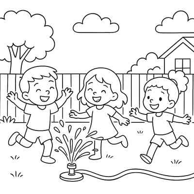 Children Playing With Sprinkler In Backyard On Warm May Day