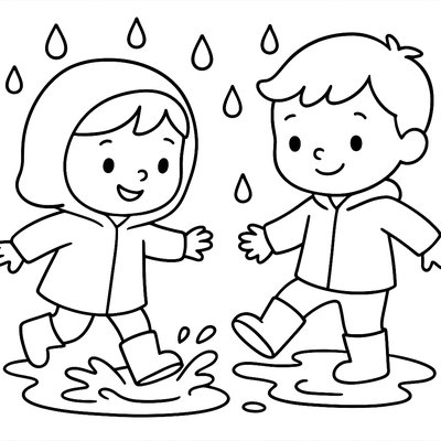 Children Splashing In Spring Rain Puddles
