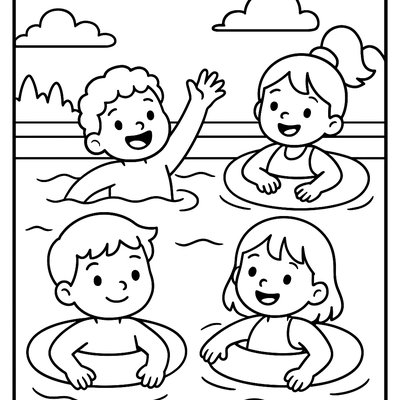 Children Swimming In Outdoor Pool With Floaties