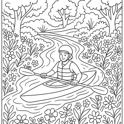 Kayaker Paddling Down Spring-fed Stream With Flowering Banks