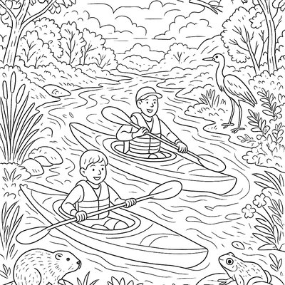 Kayakers Paddling Down A Spring River With Wildlife