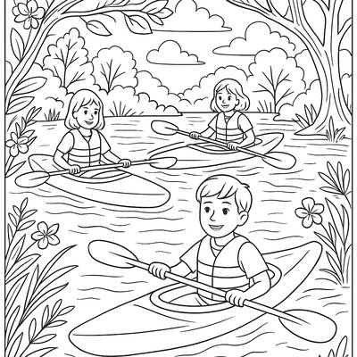 Kayaking On Calm Spring Lake With Blooming Shores