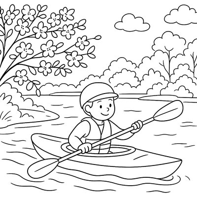 Kayaking On Spring Lake With Blooming Shoreline Trees
