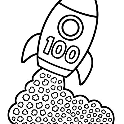 A Rocket Ship Launching With The Number 100 On Its Side And 100 Tiny Exhaust Puffs
