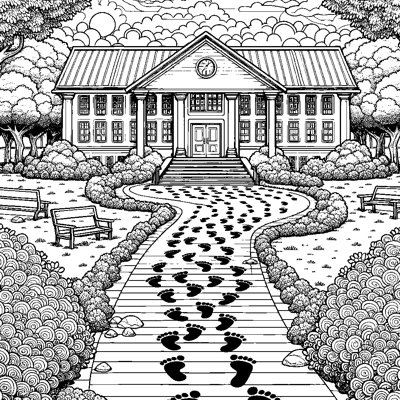 A Trail Of 100 Footprints Going Around A School Building