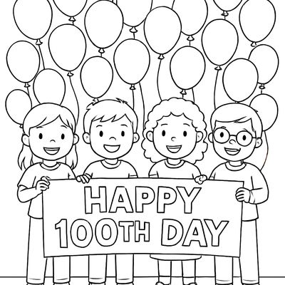 Children Holding A Banner That Reads Happy 100th Day With 100 Balloons In The Background