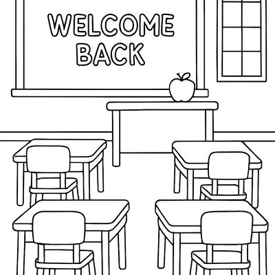 A Classroom Scene With Desks, A Chalkboard That Says Welcome Back, And An Apple On The Teacher's Desk