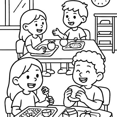A Lunchroom Scene With Children Sitting At Tables Eating And Talking Together