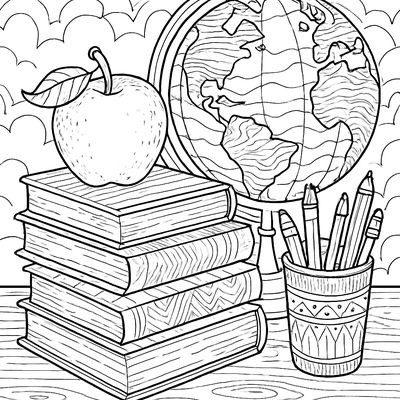 A Stack Of Textbooks With An Apple, Pencil Cup, And A Globe On A Desk