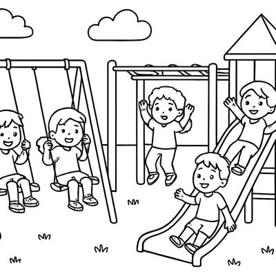 Children Playing On A Playground During Recess With Swings, Slide, And Monkey Bars