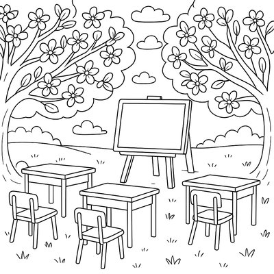 Outdoor Classroom Setup Under Blooming Trees